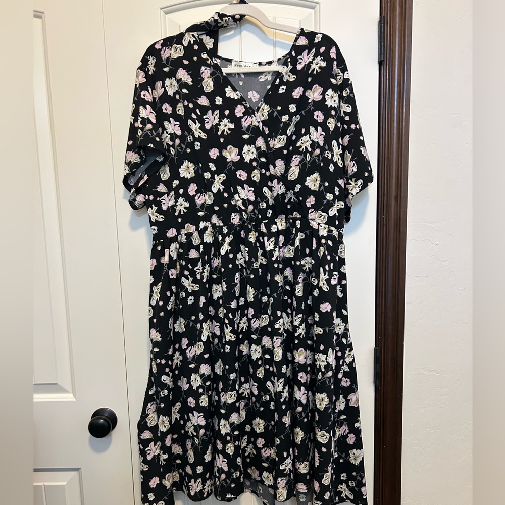 Floral Black Dress with Pink and White Flowers